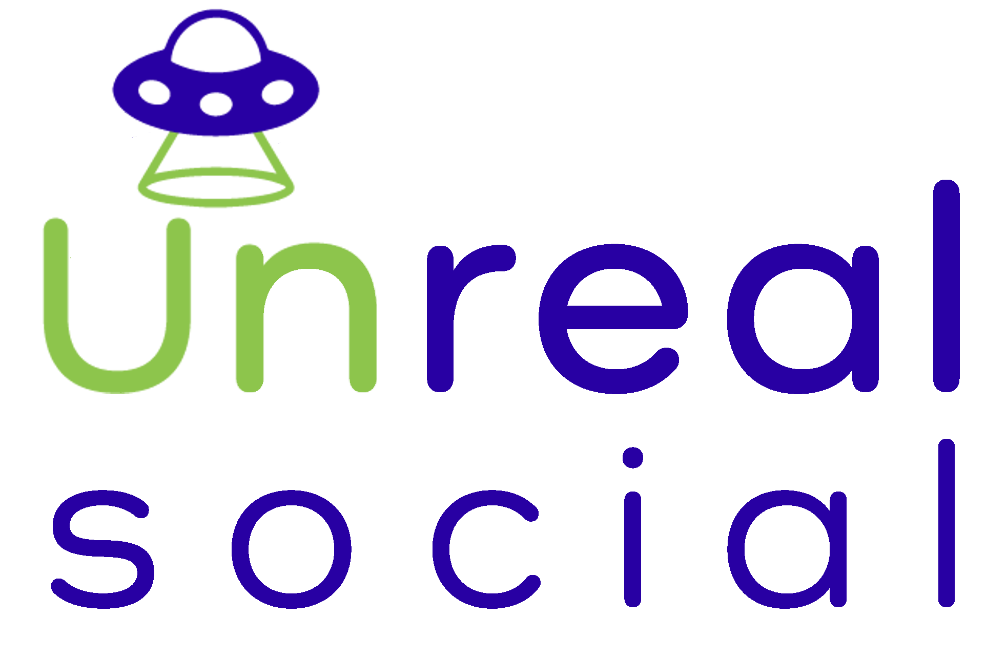 Unreal Social logo with spaceship above, highlighting "Un" in green and the rest in dark blurple.